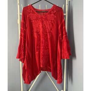 Johny was red blouse embroided floral bell sleeve Lg/XL